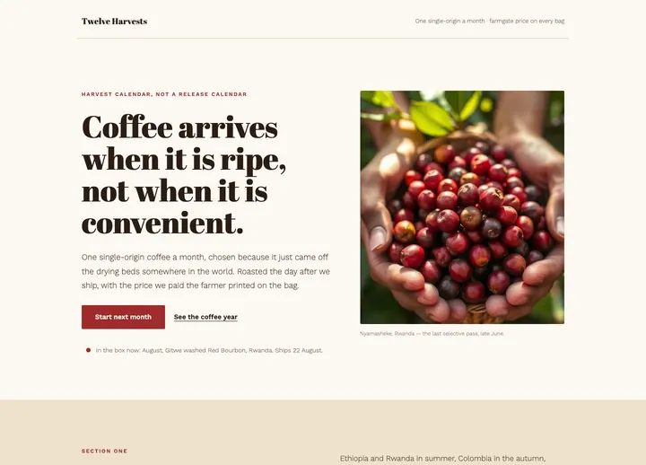 Top of the Twelve Harvests landing page