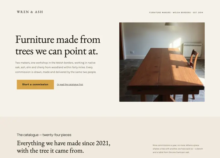 Top of the Wren & Ash landing page
